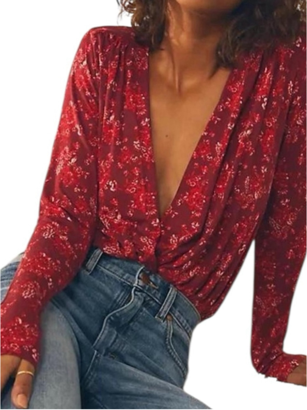 Free People "Turnt" Printed Long Sleeve Bodysuit Size L Red